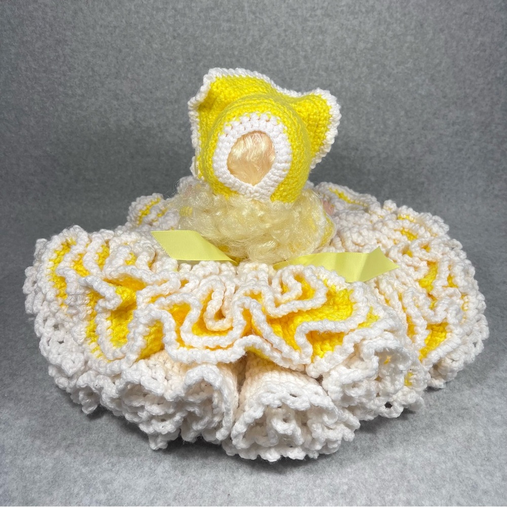 Vintage Bed Doll 13”‎ Handmade Crochet Yellow White Dress Bonnet Sleepy Eyes - Picture 4 of 16